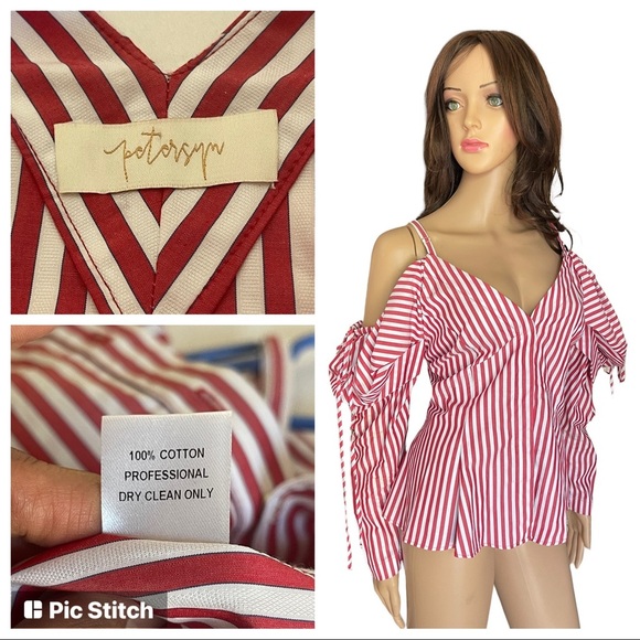 Petersyn Alice Striped Poplin Cold Should Blouse Size M Red and White - Picture 1 of 15